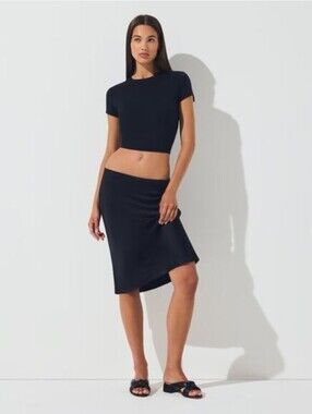 Skims Silk Blend Midi Skirt Onyx Black 2X
